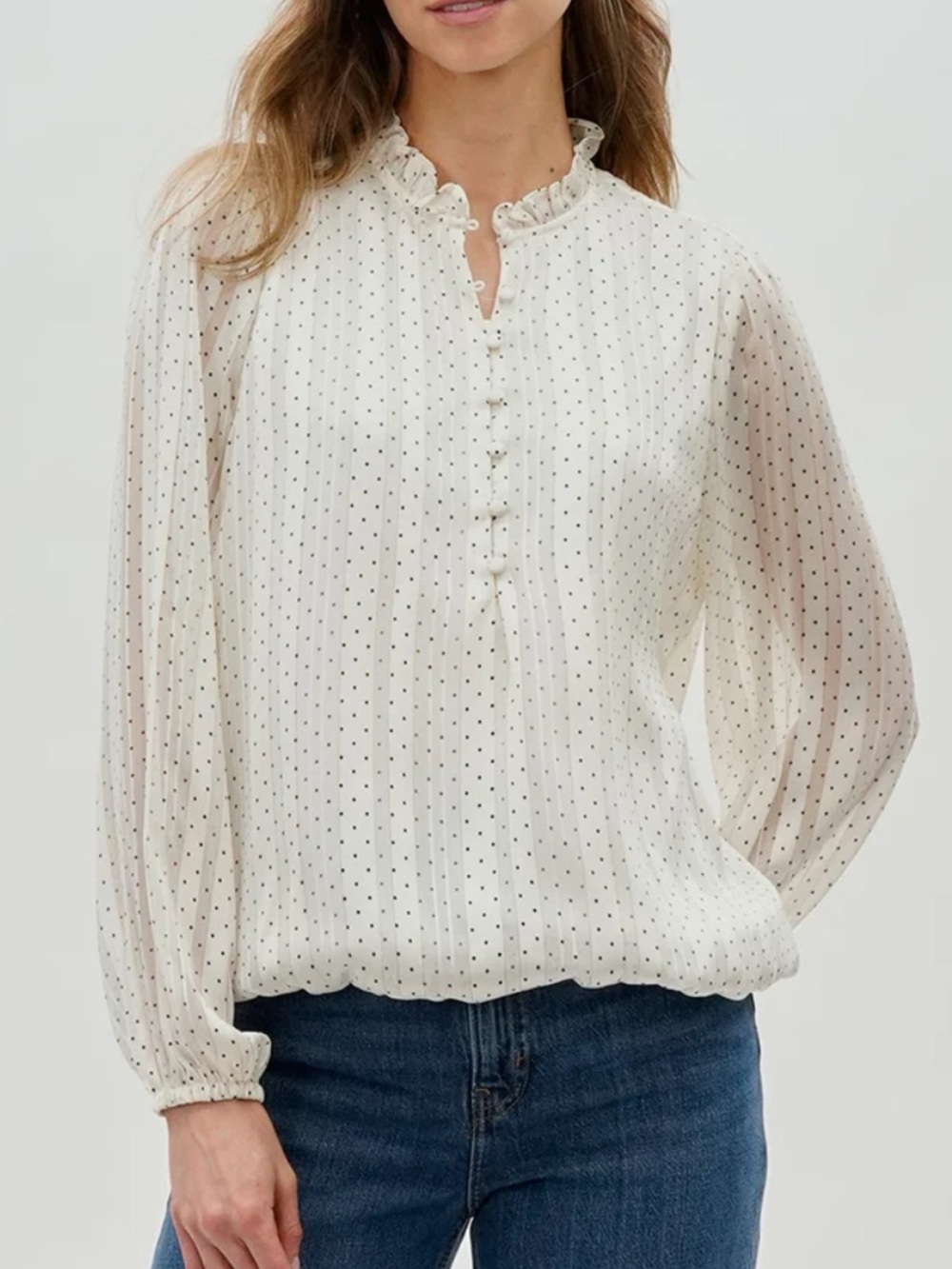 Ivory Polka Dot Ruffle-Neck Blouse